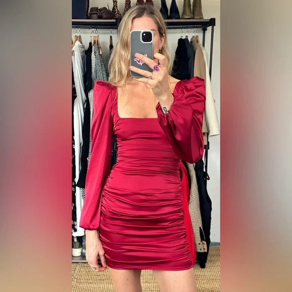 Oh Polly Red Ruched Puff Sleeve Square Neck Satin Effect Holiday Mini Dress - Picture 12 of 13